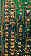 Close-up of a printed circuit board illustrating the complexity of electronic components connecting through conductive pathways