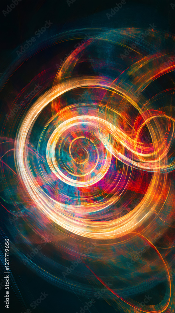 Poster bright swirling lines of orange, red, and teal create a dynamic and captivating abstract vortex agai