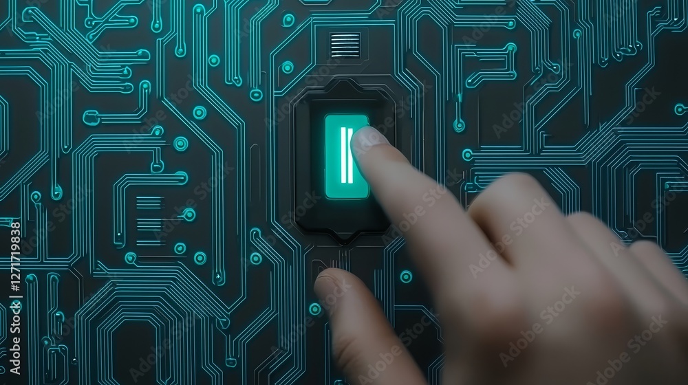 Aufkleber hand engaging a circuit button, triggering electrical flow and system activation