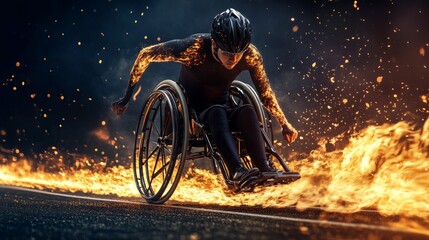 Obraz premium Wheelchair track athlete with flames trailing behind their wheels, symbolizing unstoppable determination, dramatic sports action.