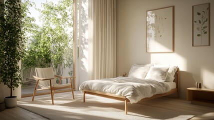 Fototapeta premium A Scandinavian-style chair with soft cushions and a wooden frame in a cozy bedroom.
