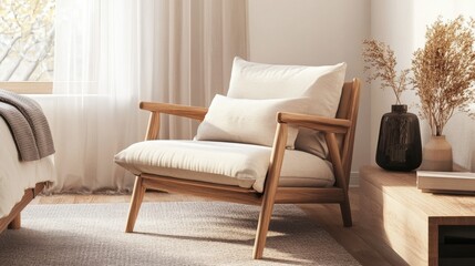 Fototapeta premium A Scandinavian-style chair with soft cushions and a wooden frame in a cozy bedroom.