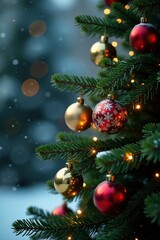 Fir branches on Christmas tree with golden lights and ornaments, winter, cozy, evergreen