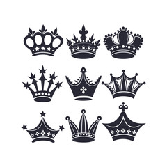 "Vector Crown Icons Set - King and Princess Crown Silhouettes, Symbol Collection, and Royal Vector Illustrations"