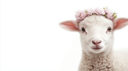 Obraz premium A fluffy white lamb wearing a floral crown against a white background.
