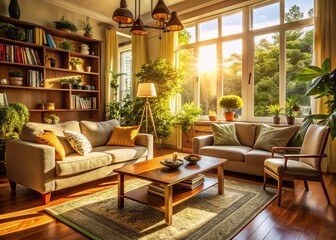 Cozy Living Room Interior: Natural Light & Comfortable Furniture Stock Photo