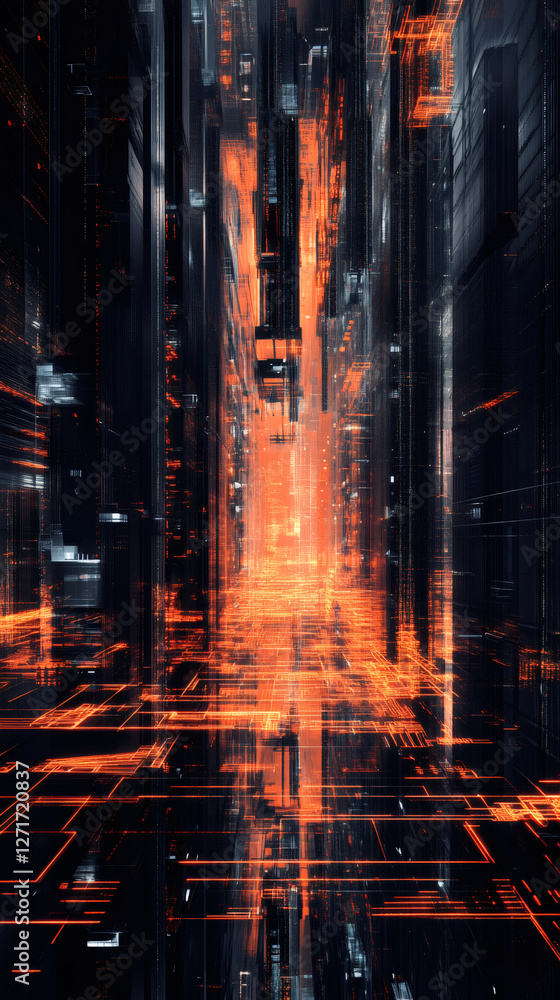 Aufkleber futuristic cityscape glowing with orange neon, highlighting architectural structures and urban pathw