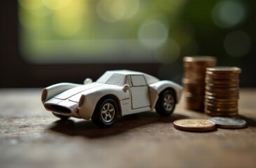paper car and coins stack on the table. purchase/sale of auto. Mortgage, credit, insurance, leasing, repair concept. copy space