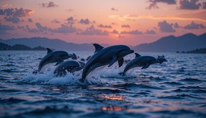 Fototapeta premium Dolphins leaping at sunset ocean wildlife photography natural environment side view freedom