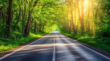 Fototapeta premium Sunlit Road Through Lush Green Summer Forest