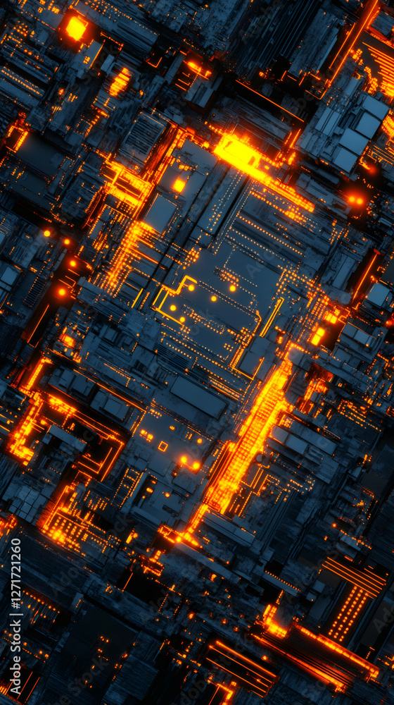 Poster Futuristic motherboard with glowing orange lights, creating a complex and intricate technological pattern