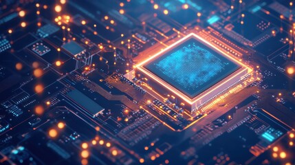 Obraz premium Futuristic Digital Illustration of Central Microchip with Glowing Data Particles Symbolizing Connectivity and AI Processing