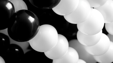 Abstract monochrome image of clustered balloons.  Black and white spheres create a visually striking pattern.