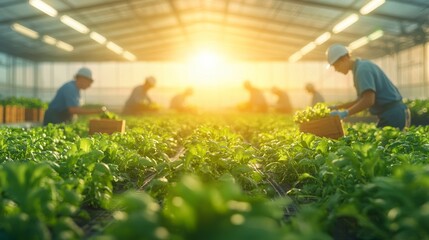 Harvesting fresh greens agricultural workers cultivating lettuce in a greenhouse during sunset inner city urban farming productive environment focused perspective