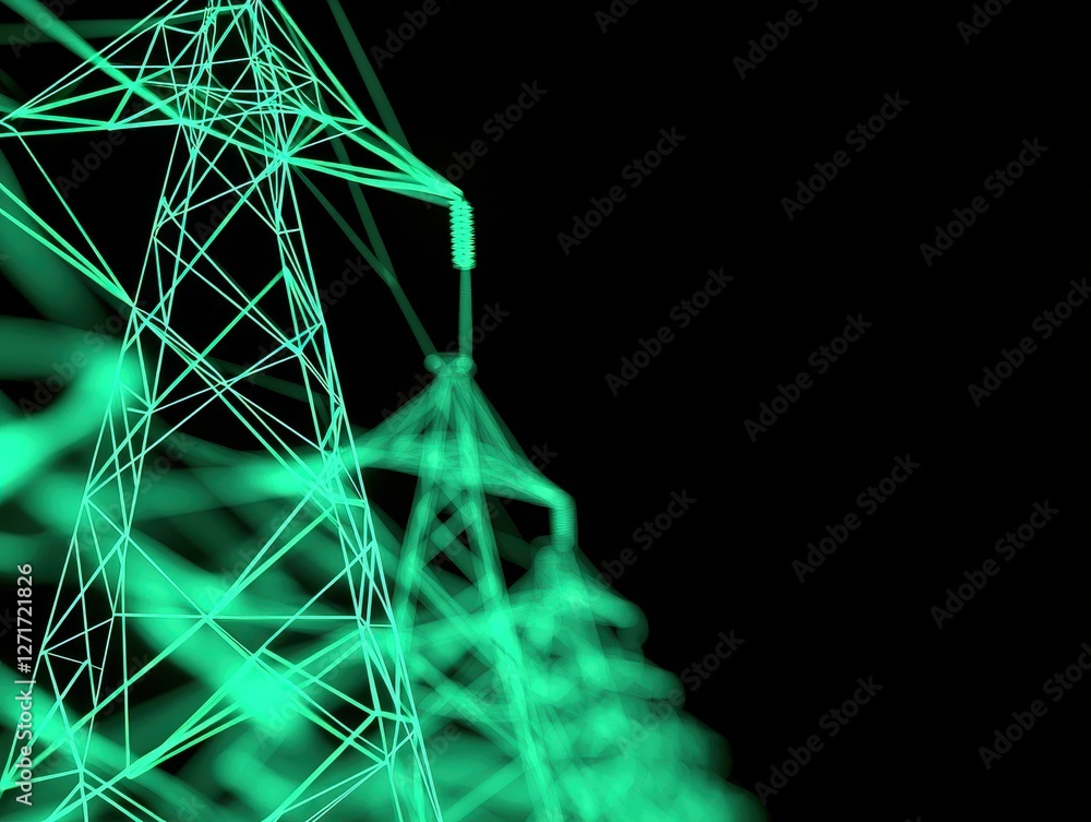Poster a digital representation of power lines illuminated in green, showcasing geometric structures agains