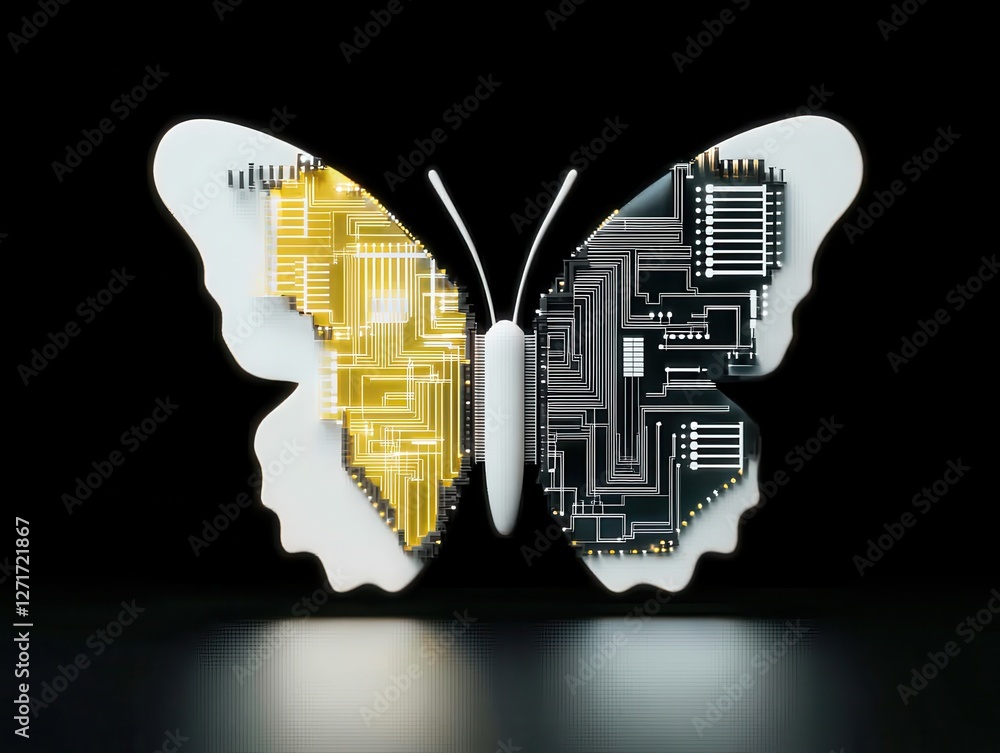 Poster a digital butterfly design featuring contrasting yellow and black circuit patterns, symbolizing the 
