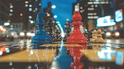 Night city chess game, strategic move, urban background, business concept