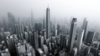 A hazy cityscape viewed from above, showcasing numerous skyscrapers and high-rise buildings under a gray sky.
