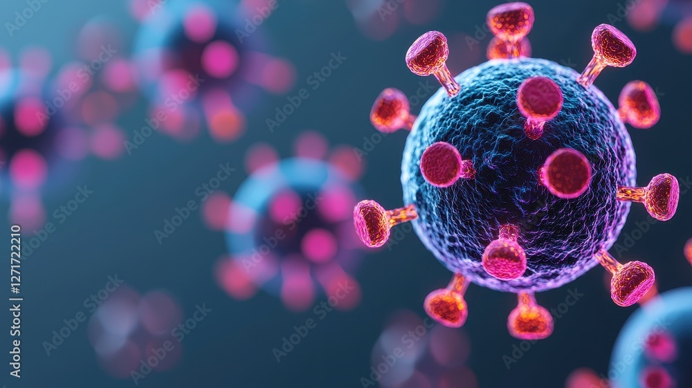 Poster a colorful 3d illustration of a virus, showcasing its structure with spikes and a spherical shape ag