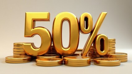 golden 50% and stacks of coins, sale, rate