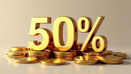 golden 50% and stacks of coins, sale, rate, discount. copy space