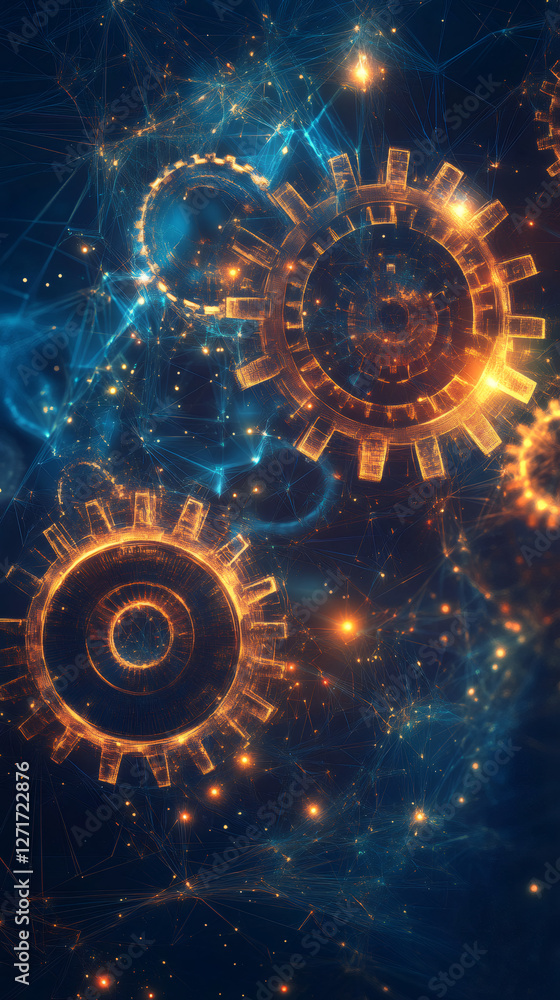 Poster abstract representation of gears rotating and connecting, symbolizing teamwork and data processing