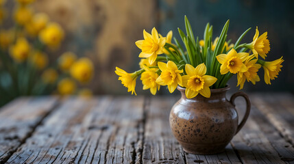 Saint David's Day still life with yellow daffodils in a rustic ceramic vase on a weathered wood surface, warm natural tones, and a serene floral composition for decor