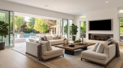 Fototapeta premium A modern, open-concept living room and kitchen with large windows overlooking a pool and garden, featuring white sofas, a wooden coffee table, and a dining area. 