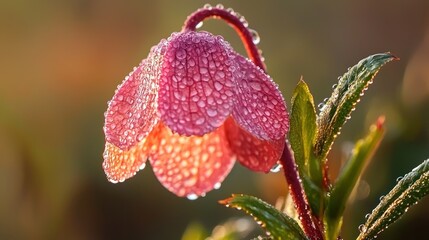 A delicate botany flower with dewdrops on its petals, glowing in the morning sunlight.