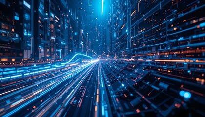 Dynamic data flow futuristic city digital art virtual environment perspective technology
