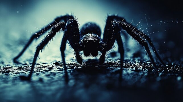 Dark, menacing spider in shadowy forest floor