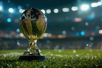 Golden trophy stands on lush green field in a packed stadium, celebrating victory