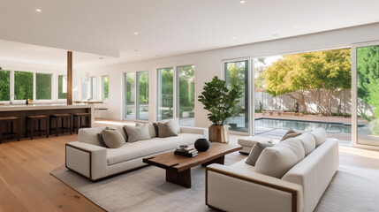 Fototapeta premium A modern, open-concept living room and kitchen with large windows overlooking a pool and garden, featuring white sofas, a wooden coffee table, and a dining area. 