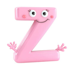 Cute letter Z with big eyes in 3D cartoon style  Isolated on White Background