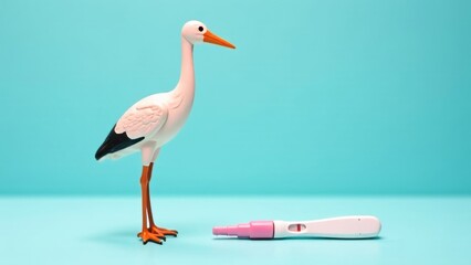 Obraz premium Stork figurine near negative pregnancy test, pastel background, copy space. Reproduction, conception, infertility treatment. 
