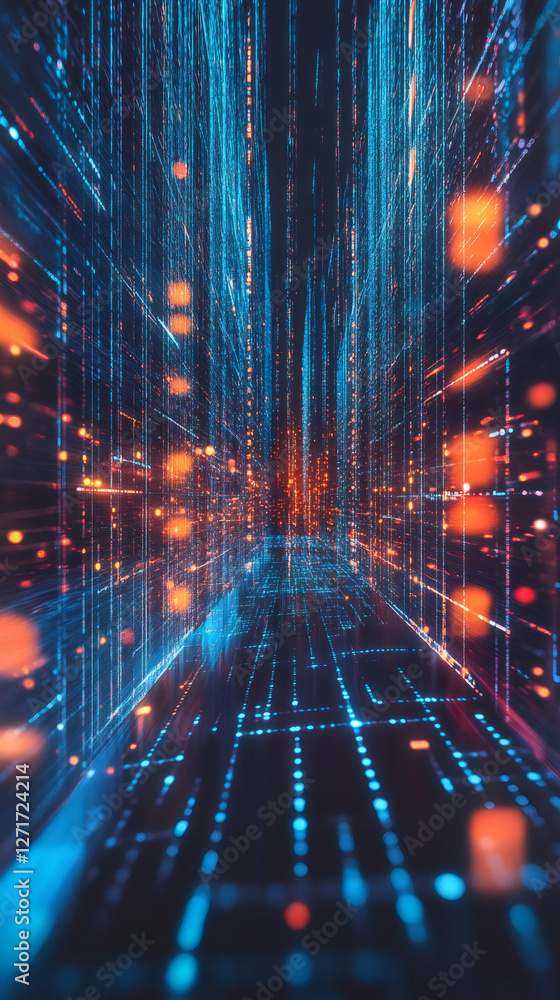 Fototapete light trails and particles flowing through cyberspace, forming a vibrant big data tunnel filled with