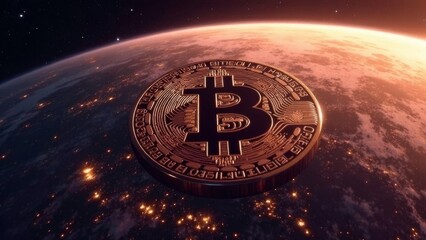 bitcoin in space, Bitcoin planet, conquers the planet, is being introduced, falls on the surface of the planet.