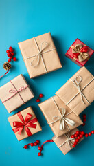 Obraz premium Christmas or birthday presents. Craft paper wrapped gift boxes on blue background, flat lay. Copy space, vintage. White tone
