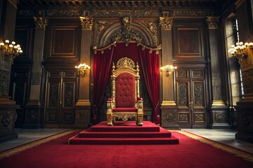 dramatic lighting on an intricate gold and red royal throne
