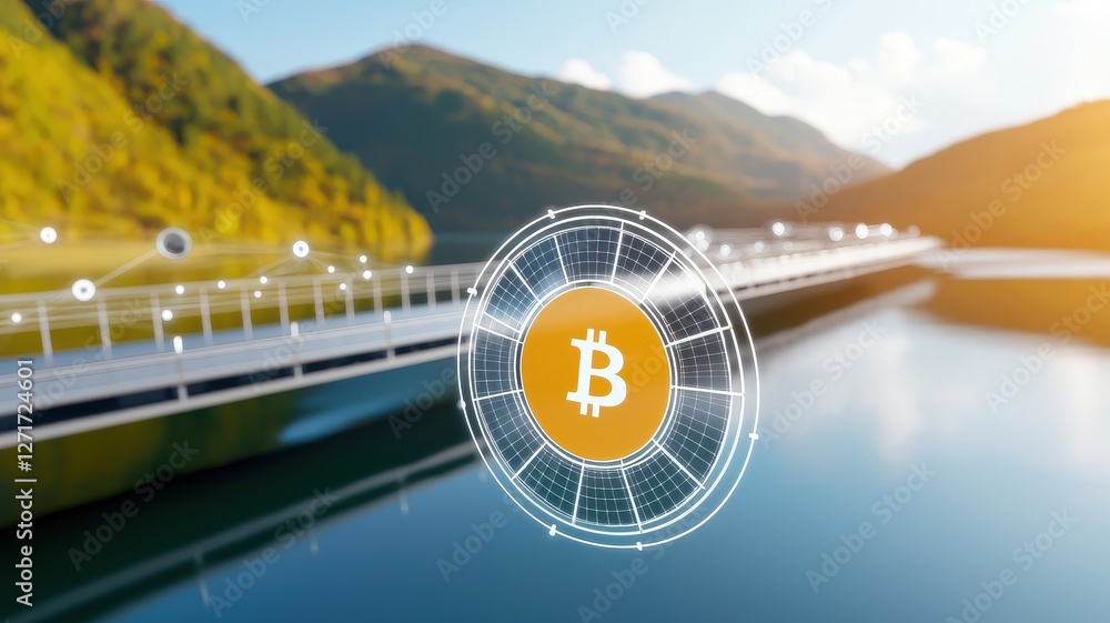 Poster a digital representation of a bitcoin symbol overlaying a scenic landscape with a bridge and mountai