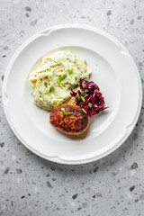  A beautifully plated dish featuring a golden-brown meat patty accompanied by creamy mashed potatoes and vibrant purple coleslaw, garnished with green onions.