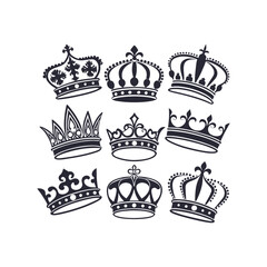 "Vector Crown Icons Set - King and Princess Crown Silhouettes, Symbol Collection, and Royal Vector Illustrations"