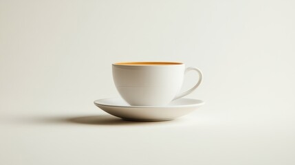 Obraz premium Cup of coffee on a white background with steam rising from the surface in a minimalistic setting