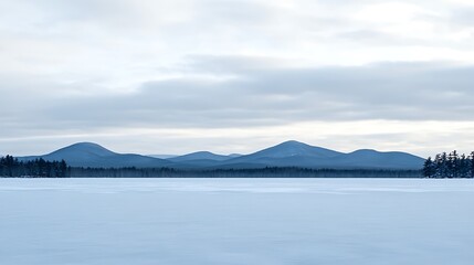 Snowy winter landscape with mountains and frozen lake