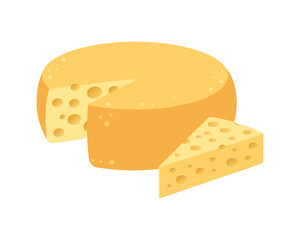 Swiss cheese wheel and slices. Cheese icon. Cheese and pieces of cheese. Illustration