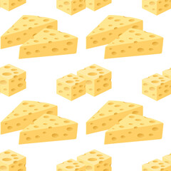 Seamless pattern with pieces of cheese on a white background. Swiss cheese background. Dairy food illustration