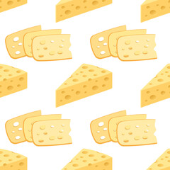 Seamless pattern with pieces of cheese on a white background. Swiss cheese background. Dairy food illustration