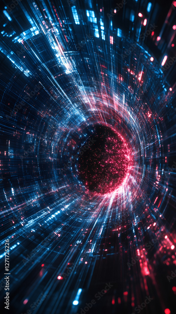 Aufkleber Abstract digital tunnel effect with binary code and particles, representing data streaming through cyberspace