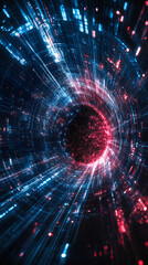 Obraz premium Abstract digital tunnel effect with binary code and particles, representing data streaming through cyberspace