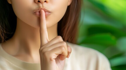 Fototapeta premium Thoughtful woman with finger on lips, a portrait of contemplation and introspection